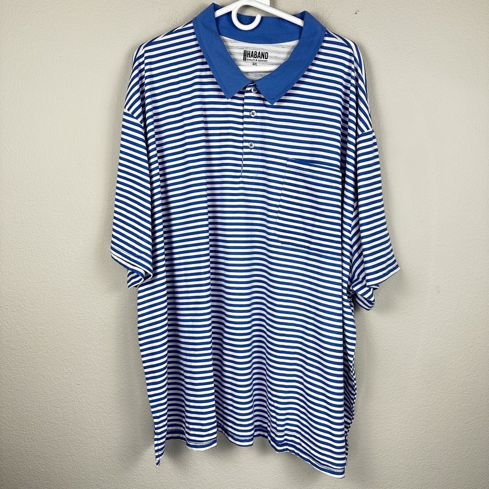 Haband Quality & Comfort Polo Shirt Men Size 4XL Blue White Short Sleeve Striped